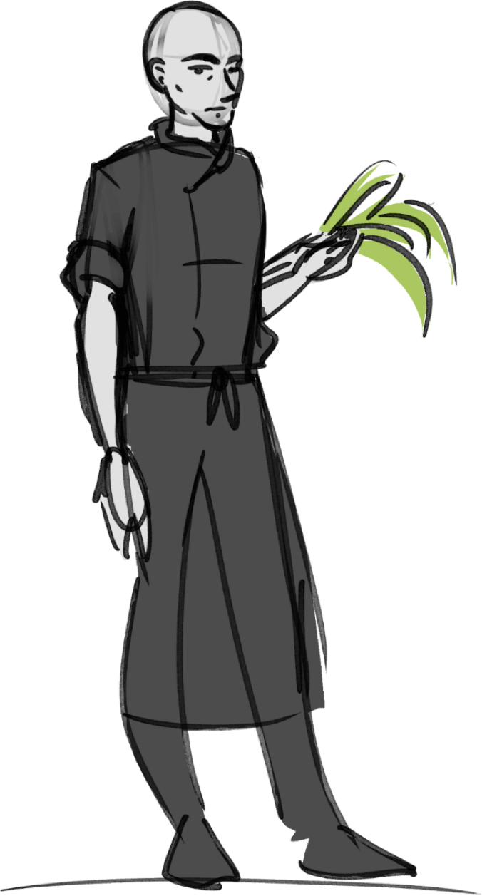 A draw interpretation of Simon standing holding a bunch of Leek